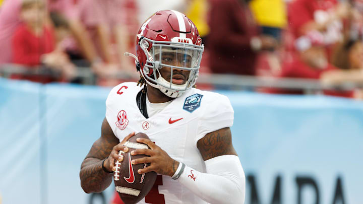 Dec 31, 2024; Tampa, FL, USA; Alabama Crimson Tide quarterback Jalen Milroe (4) looks to throw before a game against the Michigan Wolverines at Raymond James Stadium. Mandatory Credit: Matt Pendleton-Imagn Images