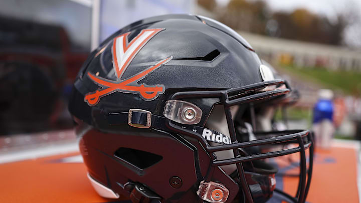 Nov 5, 2022; Charlottesville, Virginia, USA; A general view of a Virginia Cavaliers helmet on the sideline during the game between the Virginia Cavaliers and the North Carolina Tar Heels at Scott Stadium. Mandatory Credit: Scott Taetsch-Imagn Images