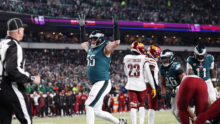 Jan 26, 2025; Philadelphia, PA, USA; Philadelphia Eagles offensive tackle Lane Johnson (65) celebrates a touchdown against the Washington Commanders during the second half in the NFC Championship game at Lincoln Financial Field. Mandatory Credit: Bill Streicher-Imagn Images