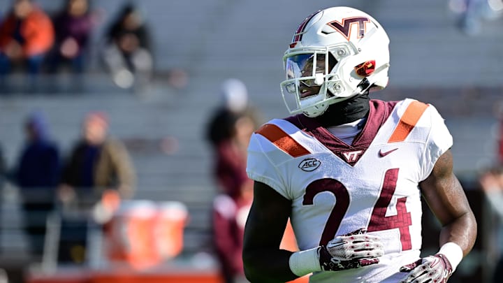 Nov 11, 2023; Chestnut Hill, Massachusetts, USA; Virginia Tech Hokies running back Malachi Thomas (24) warms up before a game against the Boston College Eagles at Alumni Stadium. Mandatory Credit: Eric Canha-USA TODAY Sports