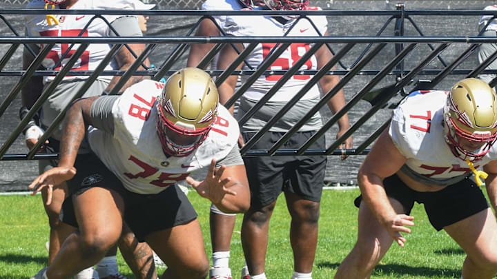 Florida State football players take part in drills during FSU final spring football practice of the 2023 season on Monday, April 17, 2023.

Daughtry Richardson Bryson Estes