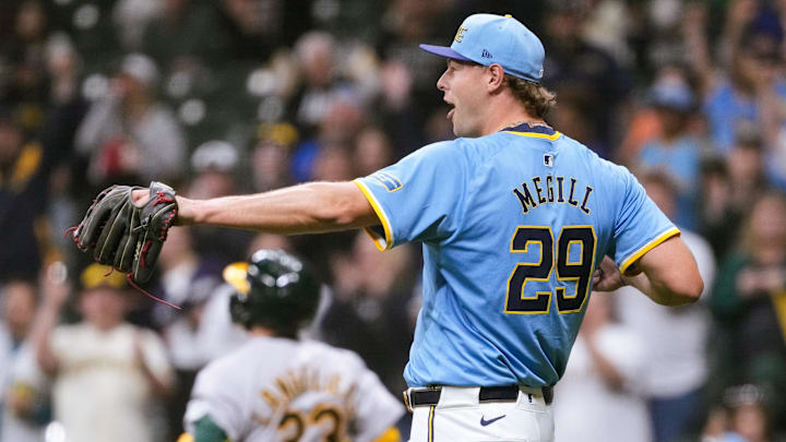 Apr 18, 2025; Milwaukee, Wisconsin, USA;  Milwaukee Brewers pitcher Trevor Megill (29) celebrates following the game against the Athletics at American Family Field. Mandatory Credit: Jeff Hanisch-Imagn Images