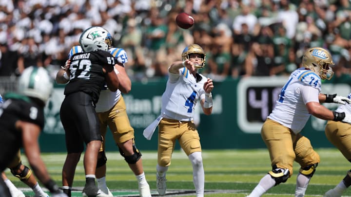 Aug 31, 2024; Honolulu, Hawaii, USA; UCLA Bruins quarterback Ethan Garbers makes a pass against the Hawaii Rainbow Warriors during the second quarter of an NCAA college football game at the Clarence T.C. Ching Athletics Complex. Mandatory Credit: Marco Garcia-Imagn Images Aug 31, 2024; Honolulu, Hawaii, USA; UCLA Bruins quarterback Ethan Garbers makes a pass against the Hawaii Rainbow Warriors during the second quarter of an NCAA college football game at the Clarence T.C. Ching Athletics Complex. Mandatory Credit: Marco Garcia-Imagn Images