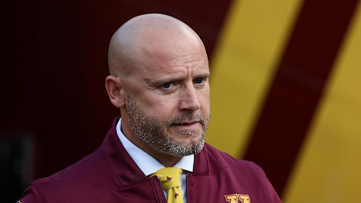 Oct 11, 2025; Minneapolis, Minnesota, USA; Minnesota Golden Gophers head coach P.J. Fleck looks on before the game against the Purdue Boilermakers at Huntington Bank Stadium. Mandatory Credit: Matt Krohn-Imagn Images