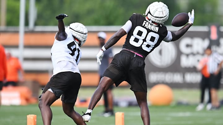 Jul 26, 2025; Berea, OH, USA; Cleveland Browns safety Chris Edmonds (41) defends tight end Harold Fannin Jr. (88) on a pass play during training camp at CrossCountry Mortgage Campus. Mandatory Credit: Ken Blaze-Imagn Images