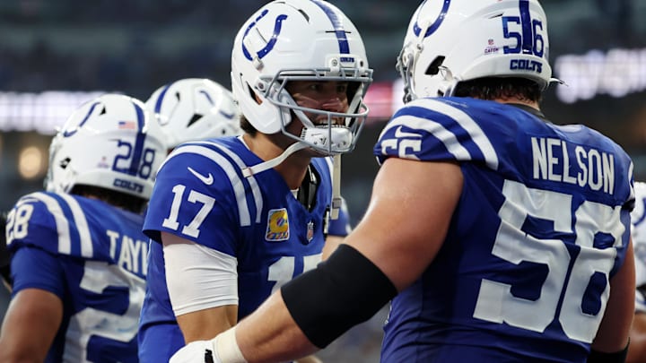 Oct 5, 2025; Indianapolis, Indiana, USA; Indianapolis Colts quarterback Daniel Jones (17) celebrates a touchdown with guard Quenton Nelson (56) during the second half at Lucas Oil Stadium. Oct 5, 2025; Indianapolis, Indiana, USA; Indianapolis Colts quarterback Daniel Jones (17) celebrates a touchdown with guard Quenton Nelson (56) during the second half at Lucas Oil Stadium.