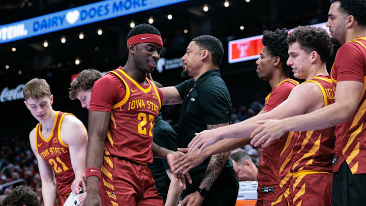 Mar 12, 2026; Kansas City, MO, USA; Iowa State Cyclones guard Killyan Toure (27) leaves the game during the second half against the Texas Tech Red Raiders at T-Mobile Center.