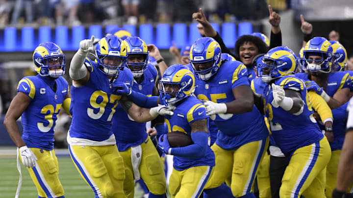 Oct 20, 2024; Inglewood, California, USA; Los Angeles Rams safety Jaylen McCollough (39) celebrates an interception with the rest of the bench against the Las Vegas Raiders during the second half at SoFi Stadium. Mandatory Credit: Alex Gallardo-Imagn Images