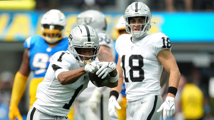 Las Vegas Raiders wide receiver Tre Tucker (1) celebrates after a first down against the Los Angeles Chargers during the first half at SoFi Stadium. 
