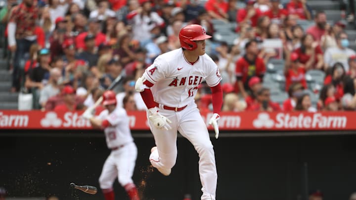 Sep 26, 2021; Anaheim, California, USA; Los Angeles Angels starting pitcher Shohei Ohtani (17) hits