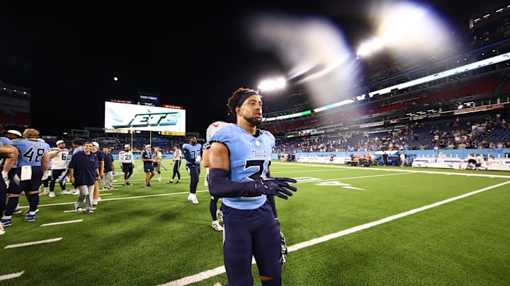 Tennessee Titans safety Jamal Adams (33) leaves the field after celebrating a win over the Seattle Seahawks at Nissan Stadium. Tennessee Titans safety Jamal Adams (33) leaves the field after celebrating a win over the Seattle Seahawks at Nissan Stadium.