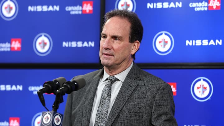 Dec 29, 2025; Winnipeg, Manitoba, CAN; Winnipeg Jets head coach Scott Arniel talks to the media after a game against the Edmonton Oilers at Canada Life Centre. Mandatory Credit: James Carey Lauder-Imagn Images