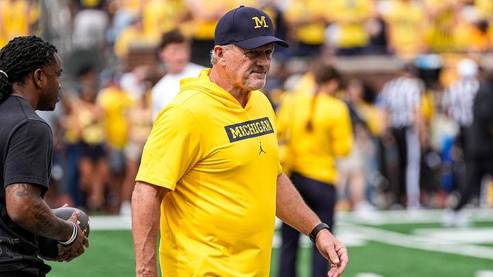 Michigan head coach Kyle Whittingham watches practice at Michigan Stadium in Ann Arbor ahead of the game between Michigan and Oklahoma on Saturday, Sept. 12, 2026.