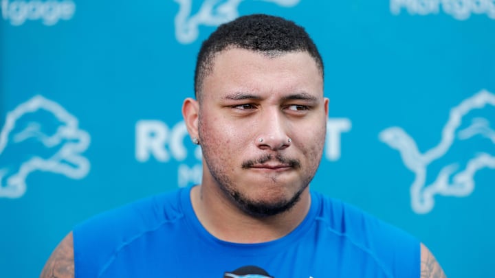 Detroit Lions offensive lineman Christian Mahogany (73) speaks to media members during rookie minicamp at Detroit Lions headquarters and practice facility in Allen Park on Friday, May 10, 2024. Detroit Lions offensive lineman Christian Mahogany (73) speaks to media members during rookie minicamp at Detroit Lions headquarters and practice facility in Allen Park on Friday, May 10, 2024.