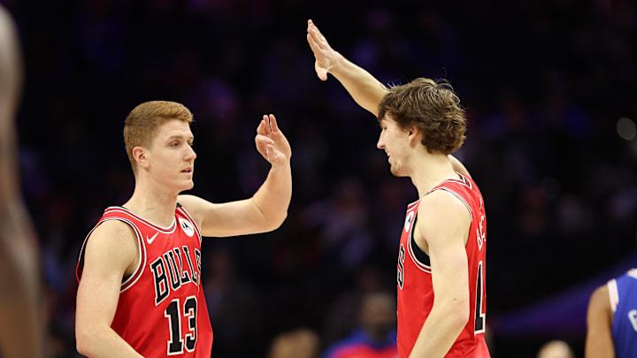 Feb 24, 2025; Philadelphia, Pennsylvania, USA; Chicago Bulls guard Kevin Huerter (13) high fives forward Matas Buzelis (14) after scoring against the Philadelphia 76ersduring the third quarter at Wells Fargo Center. Mandatory Credit: Bill Streicher-Imagn Images