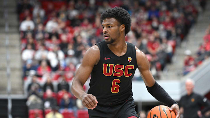 Feb 29, 2024; Pullman, Washington, USA; USC Trojans guard Bronny James (6) controls the ball against the Washington State Cougars in the first half at Friel Court at Beasley Coliseum. Mandatory Credit: James Snook-USA TODAY Sports
