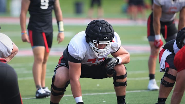 Ball State football offensive lineman right guard Taran Tyo during the team's practice at Scheumann Stadium on Wednesday, Aug. 23, 2023. Ball State football offensive lineman right guard Taran Tyo during the team's practice at Scheumann Stadium on Wednesday, Aug. 23, 2023.