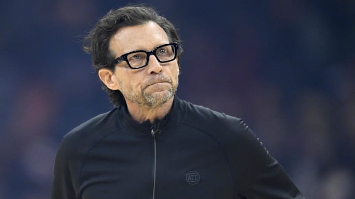 Apr 8, 2026; Cleveland, Ohio, USA; Atlanta Hawks head coach Quin Snyder reacts in the first quarter against the Cleveland Cavaliers at Rocket Arena. Mandatory Credit: David Richard-Imagn Images