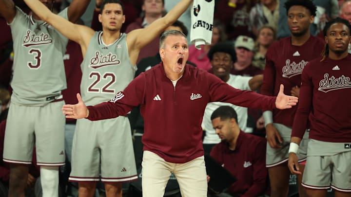 Jan 11, 2025; Starkville, Mississippi, USA; Mississippi State Bulldogs head coach Chris Jans reacts during the second half against the Kentucky Wildcats at Humphrey Coliseum. Mandatory Credit: Wesley Hale-Imagn Images