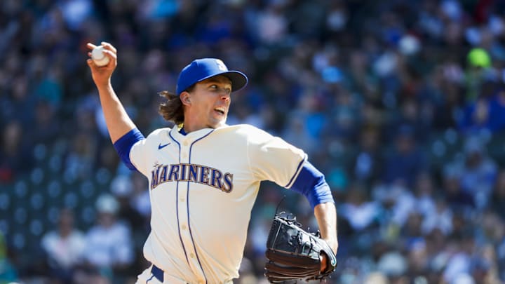 Seattle Mariners starting pitcher Logan Gilbert (36) throws against the Texas Rangers during the first inning at T-Mobile Park in 2025.