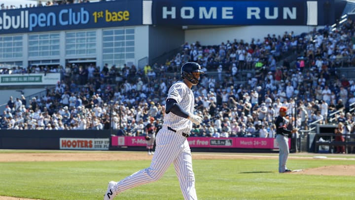 Feb 21, 2026; Tampa, Florida, USA; New York Yankees outfielder Spencer Jones (78) hits a home run against the Detriot Tigers during the second inning in a Spring Training game at George M. Steinbrenner Field. Mandatory Credit: Morgan Tencza-Imagn Images