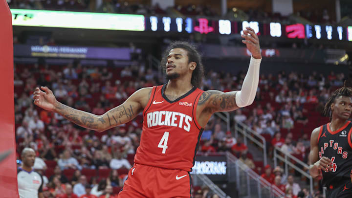 Feb 9, 2025; Houston, Texas, USA; Houston Rockets guard Jalen Green (4) reacts after a play during the game against the Toronto Raptors at Toyota Center. Mandatory Credit: Troy Taormina-Imagn Images