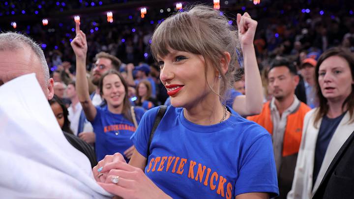 Taylor Swift reacts after the New York Knicks defeated the San Antonio Spurs. Taylor Swift reacts after the New York Knicks defeated the San Antonio Spurs.