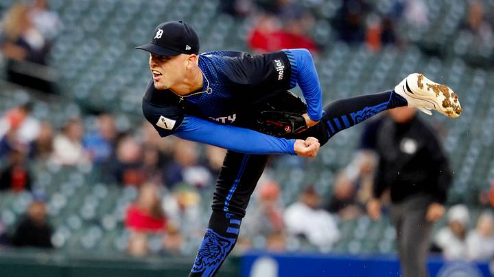 Sep 21, 2026; Detroit, Michigan, USA;  Detroit Tigers pitcher River Ryan pitches in the first inning against the Washington Nationals at Comerica Park.  Mandatory Credit: Rick Osentoski-Imagn Images