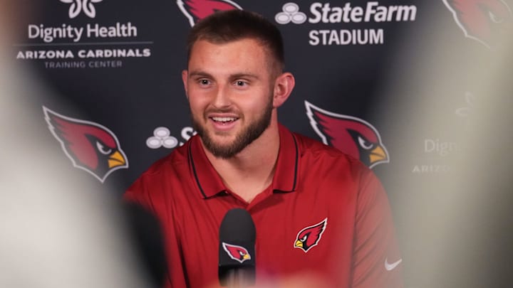 Rookie TE Tip Reiman, an Arizona Cardinals third round pick, speaks to the media at Cardinals training facility on Thursday, May 9, 2024. Rookie TE Tip Reiman, an Arizona Cardinals third round pick, speaks to the media at Cardinals training facility on Thursday, May 9, 2024.