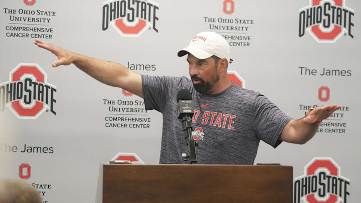 Ohio State football coach Ryan Day talks during the Ohio State football coaches news conference August 18, 2025 at the Woody Hayes Athletic Center in Columbus, Ohio. Coaches answering questions were Day, Matt Patricia and Brian Hartline.