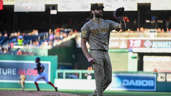 May 29, 2026; Washington, District of Columbia, USA; San Diego Padres pitcher Lucas Giolito (55) reacts after giving up a two run home run to Washington Nationals third baseman Curtis Mead (45) during the first inning at Nationals Park. Mandatory Credit: Brad Mills-Imagn Images