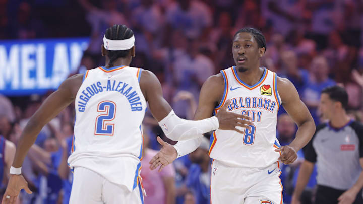 May 13, 2025; Oklahoma City, Oklahoma, USA; Oklahoma City Thunder forward Jalen Williams (8) and guard Shai Gilgeous-Alexander (2) celebrate after a scoring against the Denver Nuggets during the first quarter of game five of the second round for the 2025 NBA Playoffs at Paycom Center. Mandatory Credit: Alonzo Adams-Imagn Images