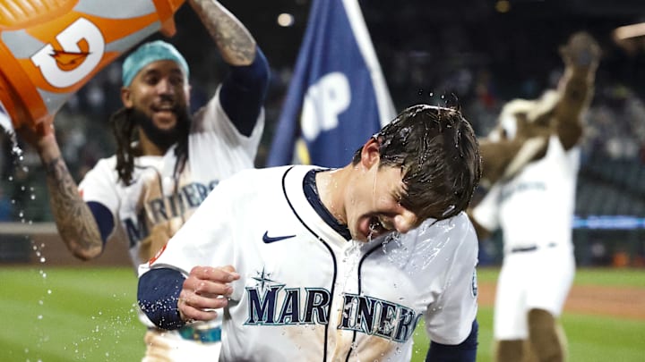 Seattle Mariners second baseman Cole Young (2) celebrates following a walk-off RBI-fielders choice against the Minnesota Twins during the eleventh inning at T-Mobile Park on May 31.