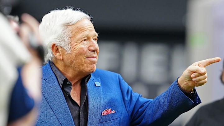 Oct 15, 2023; Paradise, Nevada, USA; New England Patriots CEO Robert Kraft waves to fans before the start of a game between the Patriots and the Las Vegas Raiders at Allegiant Stadium. Mandatory Credit: Stephen R. Sylvanie-Imagn Images