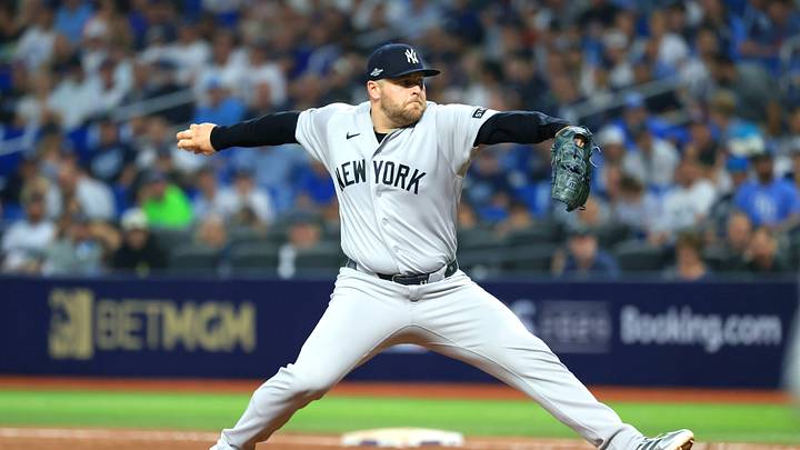Oct 5, 2026; St. Petersburg, Florida, USA;  New York Yankees pitcher David Bednar (53) delivers a pitch during the eighth inning against the Tampa Bay Rays in game two of the ALDS for the 2026 MLB Playoffs at Tropicana Field.  Mandatory Credit: Kim Klement Neitzel-Imagn Images