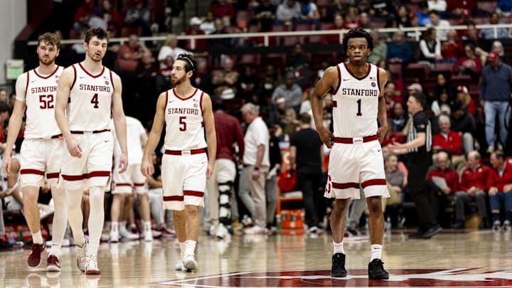 Feb 7, 2026; Stanford, California, USA;  Stanford Cardinal guard Ebuka Okorie (1) andguard Benny Gealer (5) and forward AJ Rohosy (4) and forward Aidan Cammann (52) enter the court after a time-out in the second half against the Georgia Tech Yellow Jackets  at Maples Pavilion. Mandatory Credit: John Hefti-Imagn Images