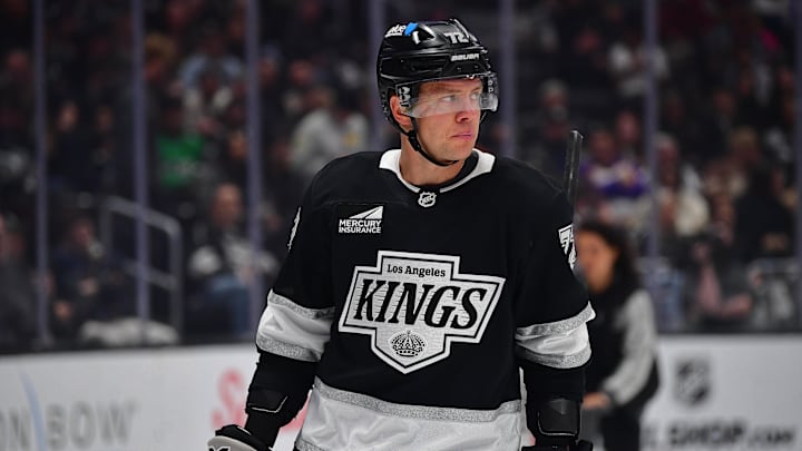 Feb 25, 2026; Los Angeles, California, USA; Los Angeles Kings left wing Artemi Panarin (72) during a stoppage in play in the first period at Crypto.com Arena. Mandatory Credit: Gary A. Vasquez-Imagn Images