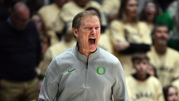 Feb 7, 2026; West Lafayette, Indiana, USA; Oregon Ducks head coach Dana Altman reacts to a call during the second half against the Purdue Boilermakers at Mackey Arena. Mandatory Credit: Marc Lebryk-Imagn Images