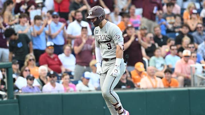 Texas A&M Aggies third baseman Gavin Grahovac (9) celebrates after hitting a home run against the Tennessee Volunteers during the first inning at Charles Schwab Field Omaha.