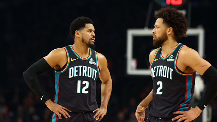 Jan 29, 2026; Phoenix, Arizona, USA; Detroit Pistons forward Tobias Harris (12) and guard Cade Cunningham (2) against the Phoenix Suns at Mortgage Matchup Center. Mandatory Credit: Mark J. Rebilas-Imagn Images