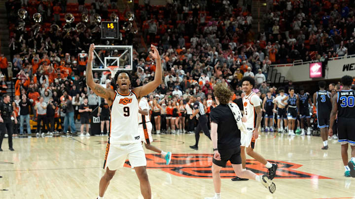 Oklahoma State Cowboys guard Anthony Roy (9) celebrates at the end of a BIG 12 men's college basketball game between the Oklahoma State Cowboys (OSU) and the BYU Cougars at Gallagher-Iba Arena in Stillwater, Okla., Wednesday, Feb. 4, 2026.