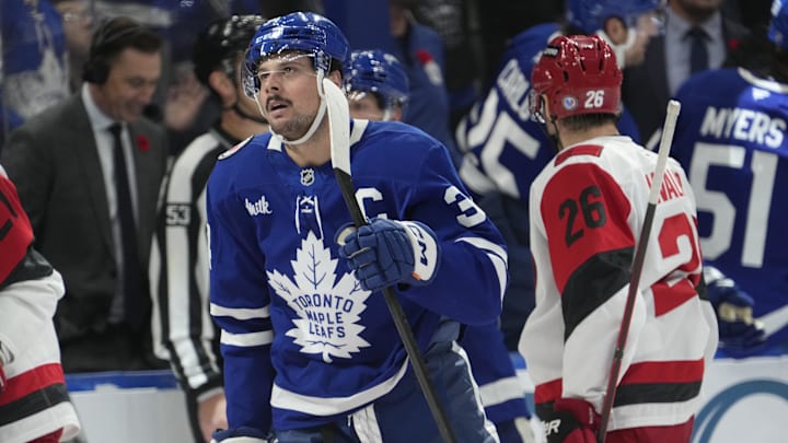 Nov 9, 2025; Toronto, Ontario, CAN; Toronto Maple Leafs forward Auston Matthews (34) skates towards his goaltender after scoring against the Carolina Hurricanes during the second period at Scotiabank Arena. Mandatory Credit: John E. Sokolowski-Imagn Images