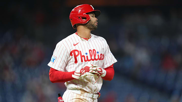 Apr 19, 2026; Philadelphia, Pennsylvania, USA; Philadelphia Phillies outfielder Justin Crawford (2) looks on after receiving a walk against the Atlanta Braves in the ninth inning at Citizens Bank Park. 