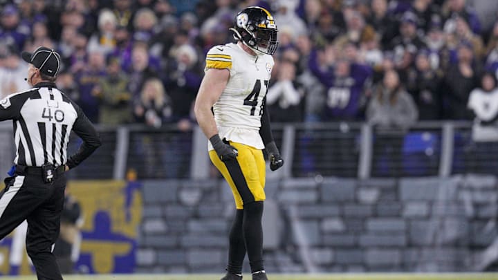 Jan 1, 2023; Baltimore, Maryland, USA; Pittsburgh Steelers linebacker Robert Spillane (41) reacts after making a defensive play against the Baltimore Ravens during the second half at M&T Bank Stadium. Mandatory Credit: Jessica Rapfogel-Imagn Images