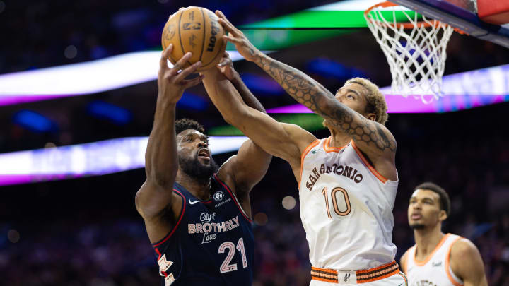 Jan 22, 2024; Philadelphia, Pennsylvania, USA; Philadelphia 76ers center Joel Embiid (21) and San