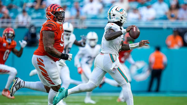 Cincinnati Bengals defensive tackle Dexter Lawrence (97) chases Miami Dolphins quarterback Malik Willis (2) in the fourth quarter of the NFL Week 5 game between the Miami Dolphins and the Cincinnati Bengals at Hard Rock Stadium in Miami Gardens, Florida, on Sunday, Oct. 11, 2026. The Bengals improved to 3-2 on the season with a 31-24 win on the road. Cincinnati Bengals defensive tackle Dexter Lawrence (97) chases Miami Dolphins quarterback Malik Willis (2) in the fourth quarter of the NFL Week 5 game between the Miami Dolphins and the Cincinnati Bengals at Hard Rock Stadium in Miami Gardens, Florida, on Sunday, Oct. 11, 2026. The Bengals improved to 3-2 on the season with a 31-24 win on the road.