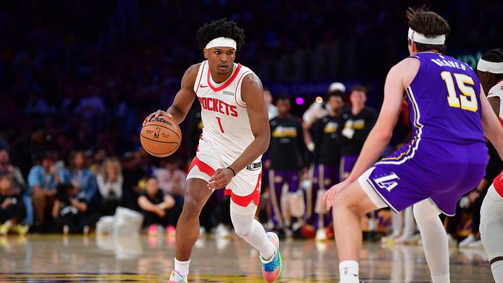 Apr 29, 2026; Los Angeles, California, USA; Houston Rockets guard Amen Thompson (1) moves the ball against the Los Angeles Lakers during the second half in game five of the first round of the 2026 NBA Playoffs at Crypto.com Arena. Mandatory Credit: Gary A. Vasquez-Imagn Images