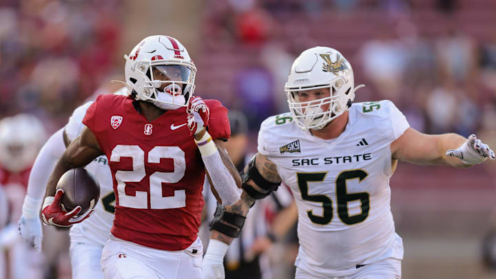 Sep 16, 2023; Stanford, California, USA; Stanford Cardinal running back E.J. Smith (22) runs with