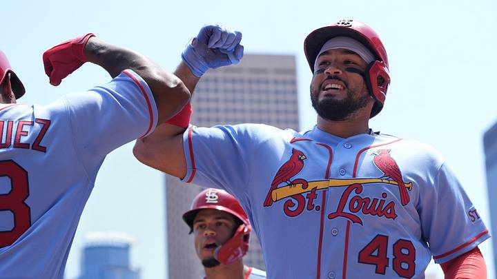 Jun 13, 2026; Minneapolis, Minnesota, USA; St. Louis Cardinals designated hitter Ivan Herrera (48) celebrates his two run home run against the Minnesota Twins in the first inning at Target Field. Mandatory Credit: Bruce Kluckhohn-Imagn Images