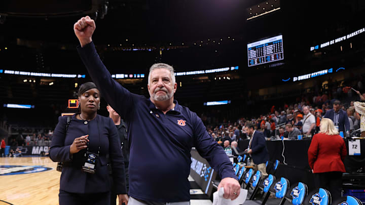 Mar 28, 2025; Atlanta, GA, USA; Auburn Tigers head coach Bruce Pearl celebrates after defeating the Michigan Wolverines in a South Regional semifinal of the 2025 NCAA tournament at State Farm Arena. Mandatory Credit: Brett Davis-Imagn Images Mar 28, 2025; Atlanta, GA, USA; Auburn Tigers head coach Bruce Pearl celebrates after defeating the Michigan Wolverines in a South Regional semifinal of the 2025 NCAA tournament at State Farm Arena. Mandatory Credit: Brett Davis-Imagn Images